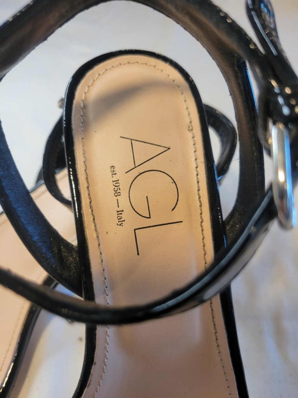 AGL Black Patent Leather Square Toe Block Heel Ankle Strap Sandals EU 38.5 Italy - Picture 4 of 12